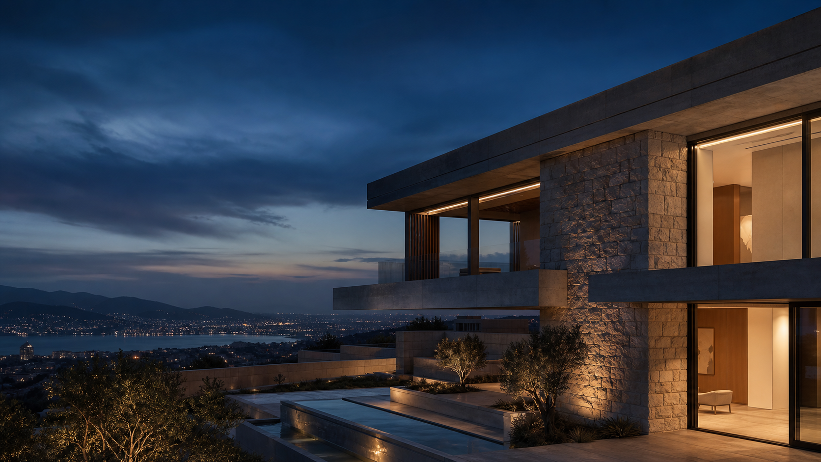 Gece ışıklarında modern ve prestijli konut projesi