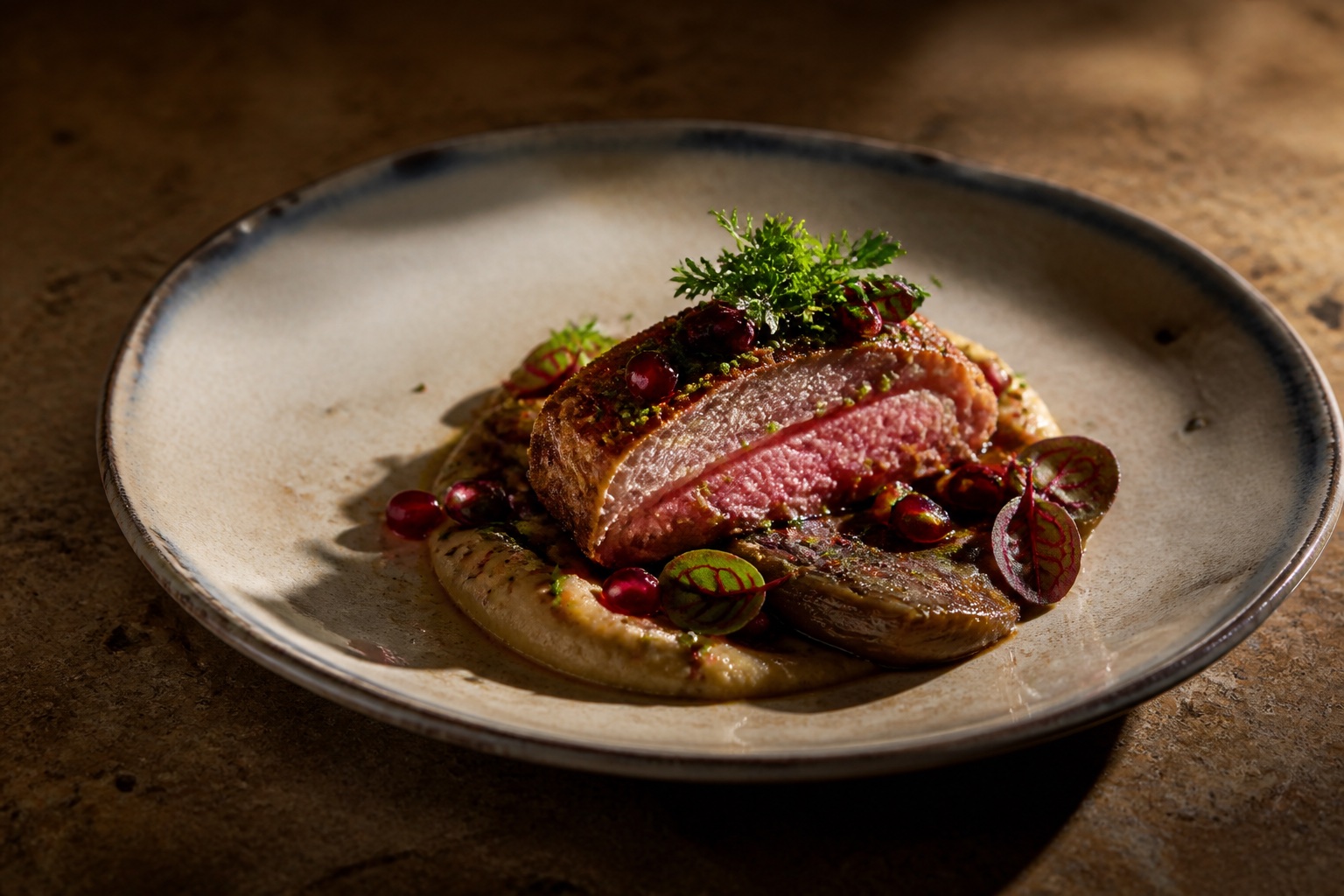 Fine dining restoranında özenle hazırlanmış tabaklar
